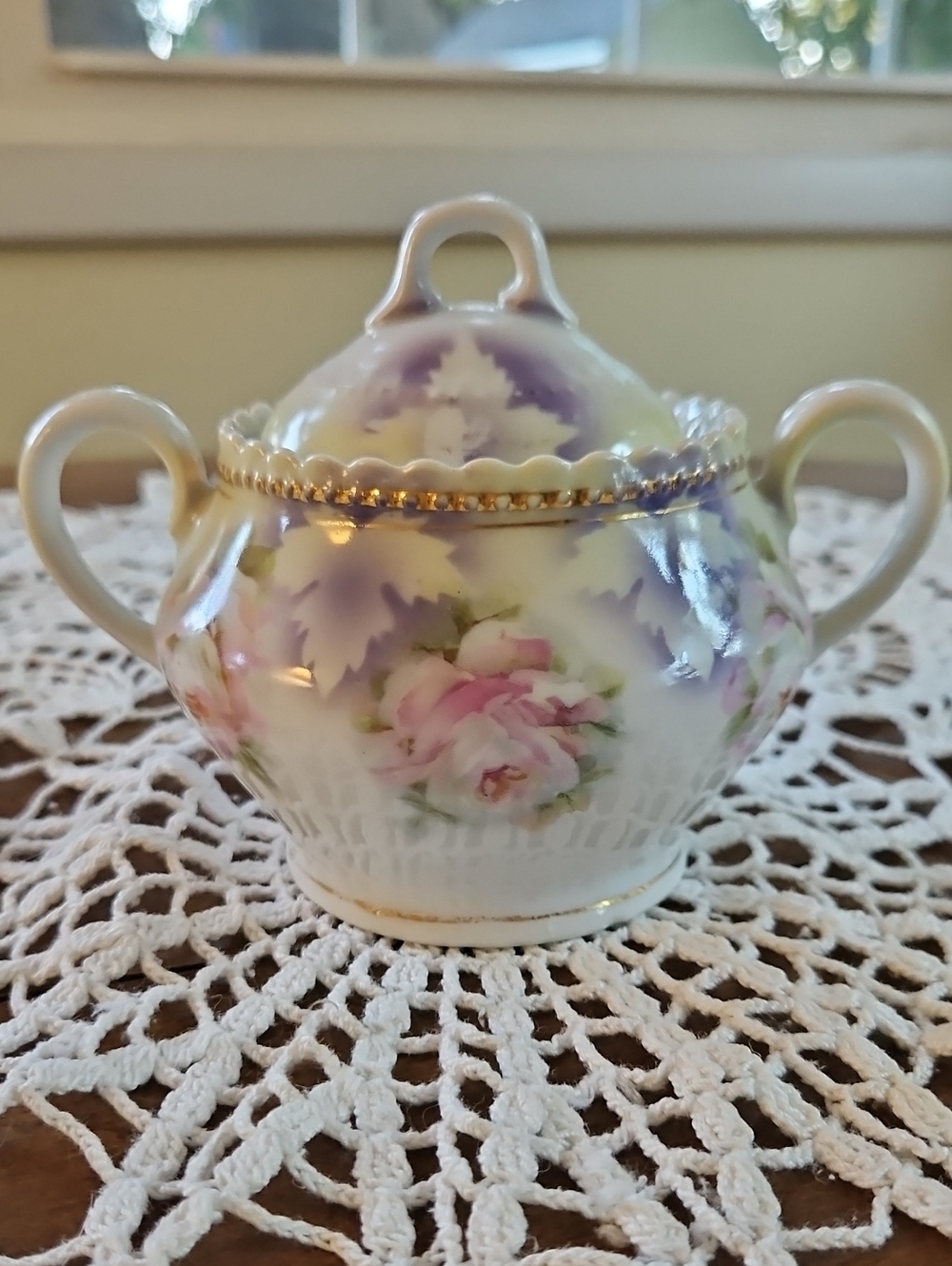 Antique PK Silesia Lidded Sugar Bowl Rose Lusterware Germany Circa 1886-1914